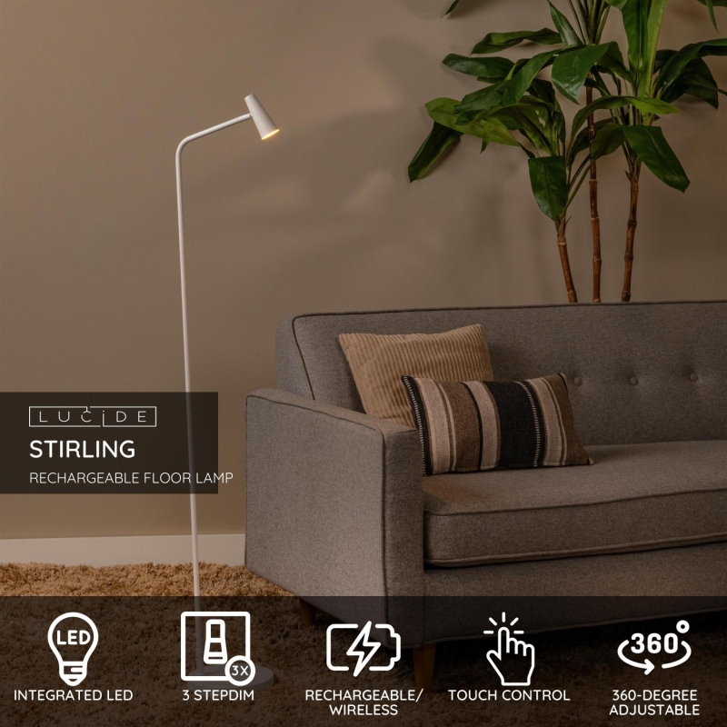 Lucide STIRLING - Nabíjacia stojaca lampa - Batéria - LED Dim. - 1x3W 2700K - 3 StepDim - Biela